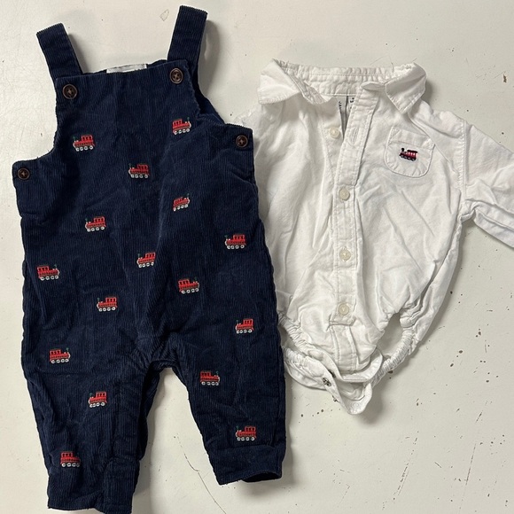 Janie and Jack Holiday Train Corduroy Overalls Oxford Dress Shirt Navy 0-3 - Picture 1 of 6